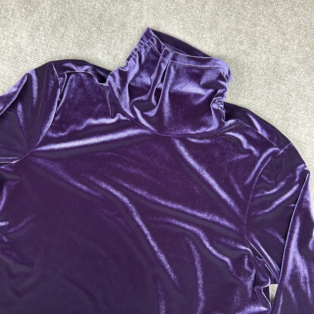 Susan Graver Style Velvet Shirt Womens XL Purple Stretch Turtleneck Side Slit